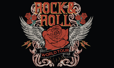 Rock and roll tour t shirt print design. Rockstar vector artwork. Eagle wing and rose flower graphic illustration. Music poster. - obrazy, fototapety, plakaty