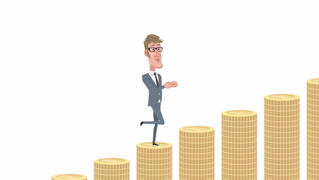 Cartoon elegant businessman character running up coins stack ladder animation with alpha channel