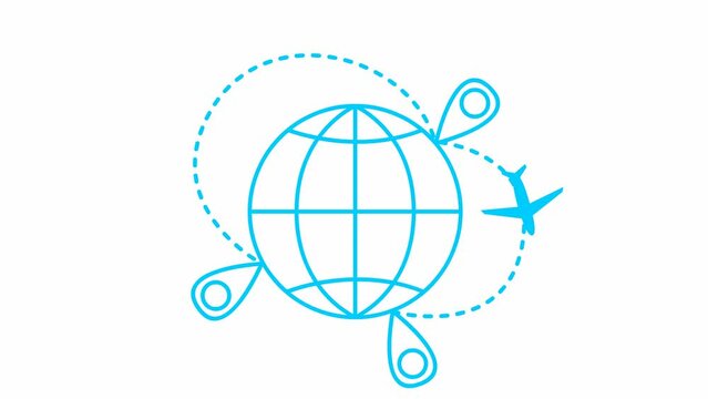 Animated the blue plane flies on a trajectory around the planet Earth. Airplane travel. Transfer on the airplane. Looped video. Line vector illustration isolated on a white background. 