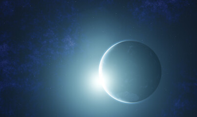 Planet in space, sun rising
