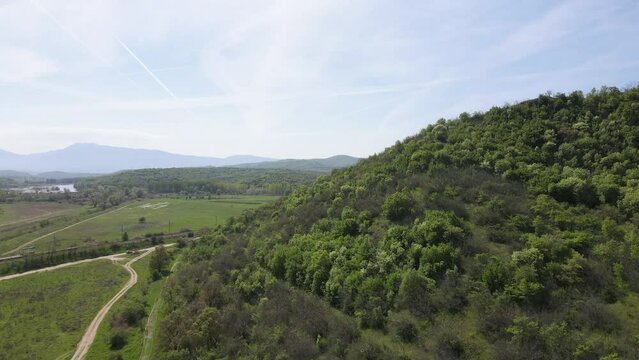 Aerial Spring view of Kozhuh Mountain and Petrich valley, Bulgaria