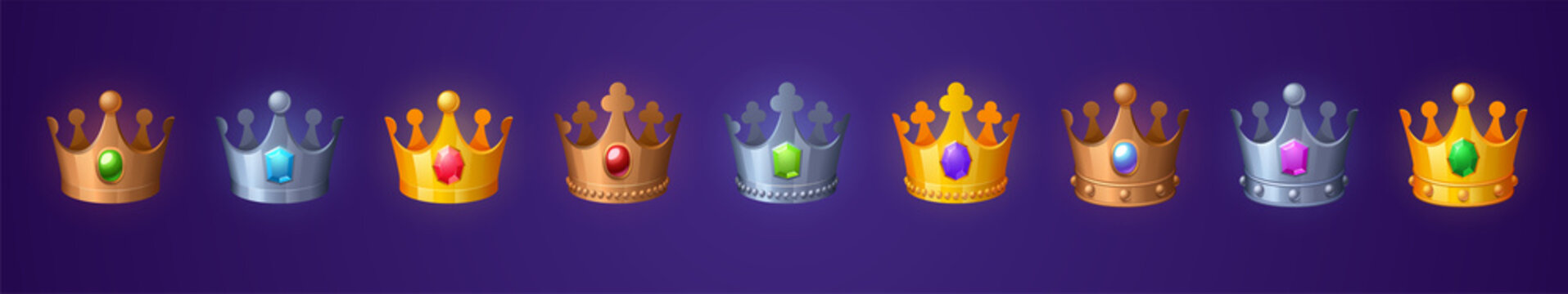 Medieval royal crowns for king, queen, prince or princess. Vector cartoon set of game icons with gold, silver and bronze coronas with gems and diamond, antique jeweled headdress