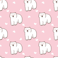 Seamless Pattern with Cartoon White Bear and Heart Design on Pink Background