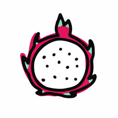 Doodle ripe dragon fruit. Pink, green pitahaya isolated on white background. Hand-drawn Pitaya fruit. Symbol of summer, healthy raw food, exotic food. Fresh cute tropical print. Vector illustration
