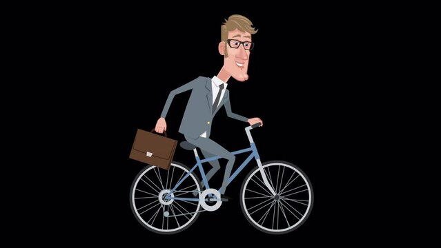 Cartoon elegant businessman character cycling to work with briefcase. Animation with alpha channel