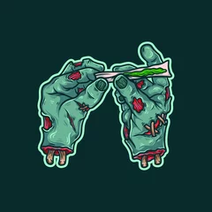 Fotobehang a vector illustration of zombie hand roll a green weed joint © RedSummer