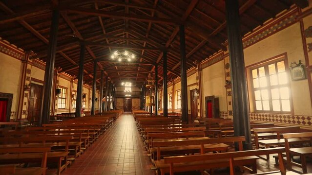 Gimble shot of interior of Altar of the Jesuit Mission church in Santa Ana, Bolivia.