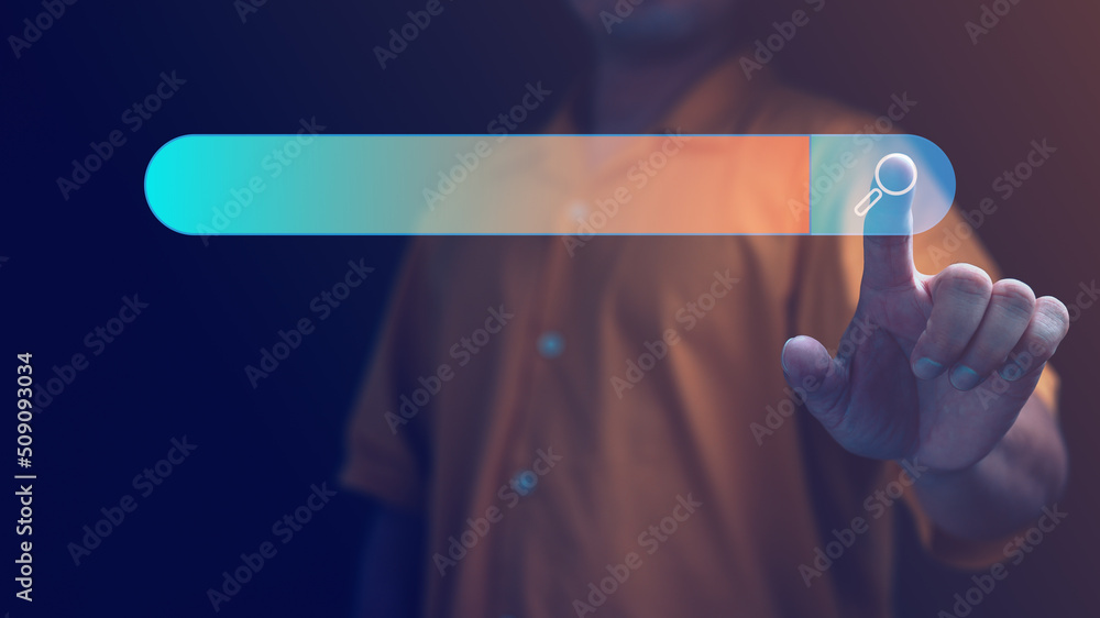 Fototapete Data Search Technology Search Engine Optimization. man's hands touching on search bar virtual screen to Searching for information. Using Search Console with your website.