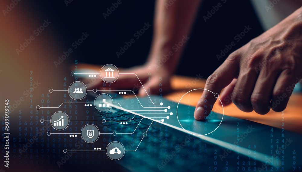 Aufkleber Digital marketing online internet, Businessman using computer notebook connection social networking and customer data analytics, Business strategy and smart intelligence, Technology, global business