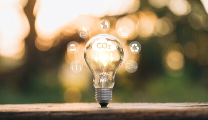 Net zero and carbon neutral concept. Light bulb with NetZero icons, renewable energy, co2 emissions...