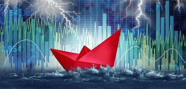 Financial risk and investment danger as stock market turbulence crisis and economic storm as a red paper boat symbol for wealth management and finance security