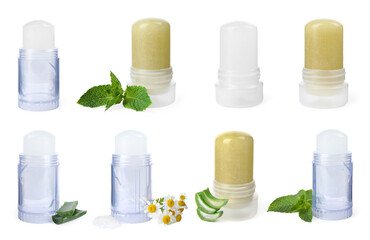 Set with different natural crystal alum deodorants on white background