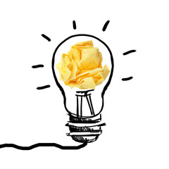Yellow crumpled paper ball and drawn lamp bulb on white background