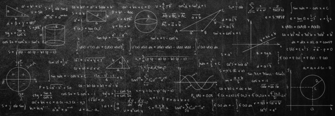 Many different math formulas written on blackboard. Algebra and Geometry - obrazy, fototapety, plakaty