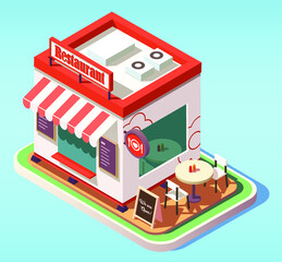 isometric illustration Cute small cafe or restaurant with outside tables 
