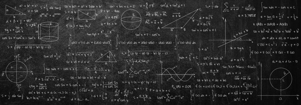 Many different math formulas written on blackboard. Algebra and Geometry