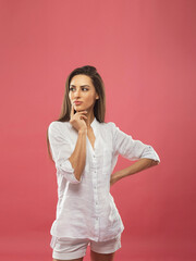 Portrait of dream dreamy nice pretty cute lady youth people touch chin thought choose decide solve...
