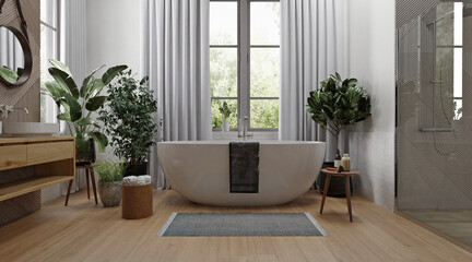 Modern bathroom interior with wooden decor in eco style. 3D Render