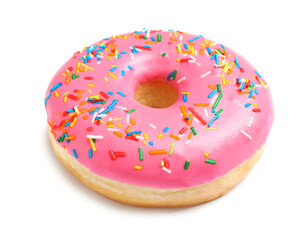 Sweet delicious glazed donut decorated with sprinkles on white background