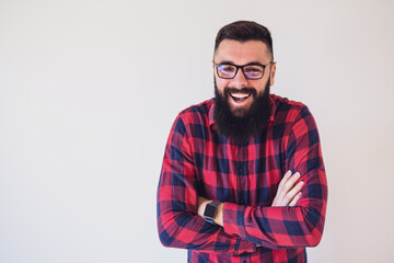 Obraz premium Portrait of happy man who is laughing. Copy space on image for your text or advert.