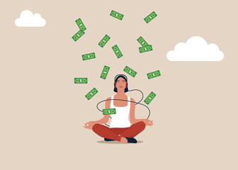 Calm woman meditating with falling money banknotes income. Money or financial mindset, get rich or ambition to growth revenue, success investment and savings or attitude to grow business. 