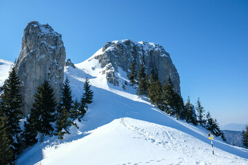 Winter in the Piatra Mare mountains , part of the Carpathian range , Romania , rock formations and snow covered fir forest.