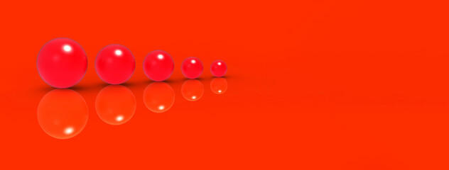 Five glass balls of different sizes of red color on red background. Growth of something. Progress. Banner for insertion into site. Place for text cope space. Horizontal image. 3D image. 3D rendering.