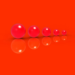 Five glass balls of different sizes of red color on red background. Growth of something. Progress. Square image. 3D image. 3D rendering.