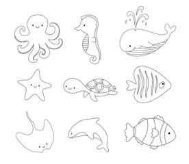 Cute line sea animals isolated on white background. Set of Vector illustrations for coloring page
