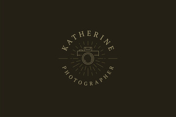 Minimalist vintage photo camera line art glare illuminated circle place for text logo vector