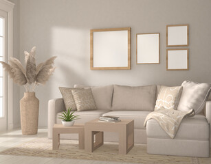mock up Template 4 frames on the wall in modern living room, 3D rendering, 3D illustration