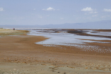 A tourist walking on the beach of Lake Natron on a sunny day in rural Tanzania