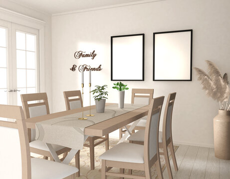 mock up Template 2 black picture frames on the wall in modern Dining room, 3D rendering, 3D illustration