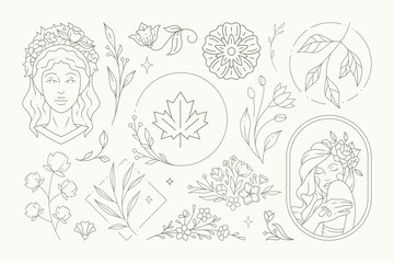 Romantic floral logo monochrome set vector illustration. Beautiful female decorative flower design