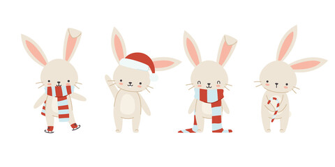 Set of cute christmas bunnies. Collection of adorable new year rabbits. Kawaii winter hares.