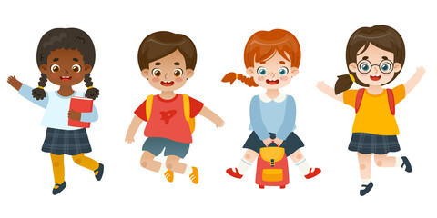 Set of adorable school children. Happy diverse kids jumping. Cute pupils collection.