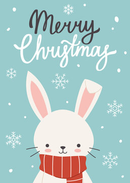 Merry christmas greeting card with cute bunny and calligraphy congratulation. Happy rabbit in scarf.