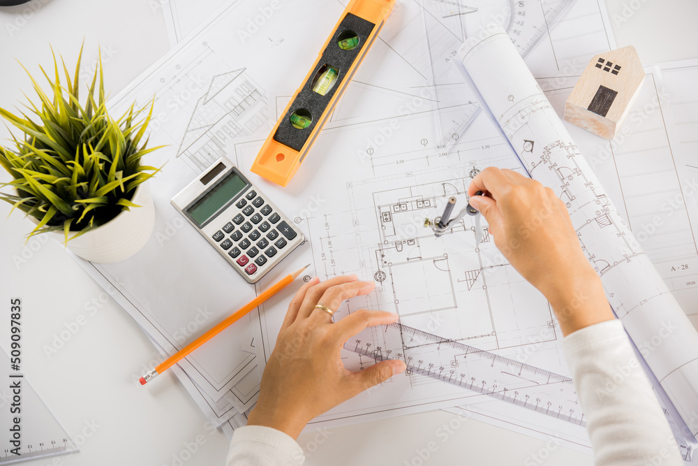 Poster architectural project workplace. engineer sketching construction project, architect drawing with div