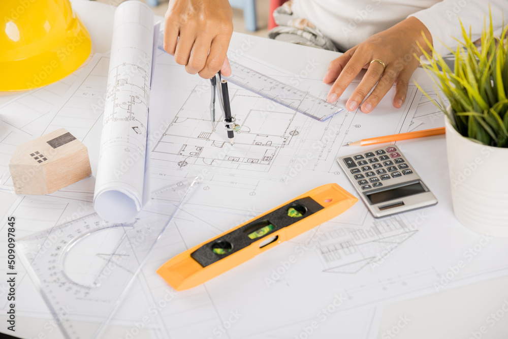 Poster architectural project workplace. engineer sketching construction project, architect drawing with div
