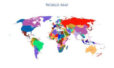 Colorful detailed world map with all countries and names illustration