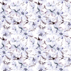 Seamless floral background. Watercolor blue flowers painting. Floral repeat pattern. Violet flowers fabric ornament. Floral wallpaper