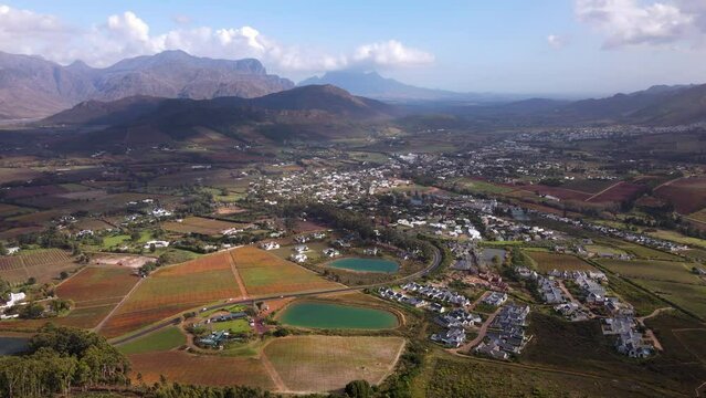Franschhoek (French corner) nestled in fertile wine growing valley; aerial