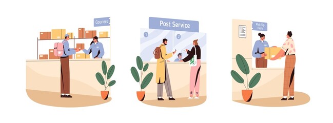 People in post offices interior, postal services set. Mail box delivery, sending and receiving parcels. Workers at counters, pick up points. Flat vector illustrations isolated on white background - obrazy, fototapety, plakaty