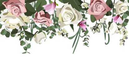 Vector background with floral arrangements. Botanic composition for wedding or greeting card. Roses, jasmine, eucalyptus