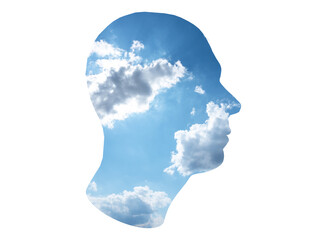 Dreamer. Man head with clouds isolated on white background. Person with good imagination thinking about fantastic, desired things. High quality photo