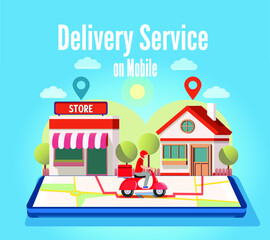 Express courier on scooter shipping order on mobile