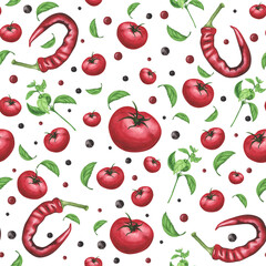 Ripe tomatoes, basil, chili pepper seamless pattern on white. Watercolor hand drawing illustration. Art for decoration