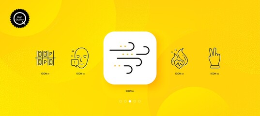 Fototapeta na wymiar Face attention, Windy weather and Cardio training minimal line icons. Yellow abstract background. Parking place, Victory hand icons. For web, application, printing. Vector