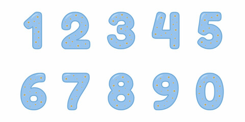 Set of decoration numbers from 0 to 9 blue with glitters isolated  for boys celebrating  birthday, party,invite and more festive. Set of numbers can by used greeting cards,banners,posters and more.