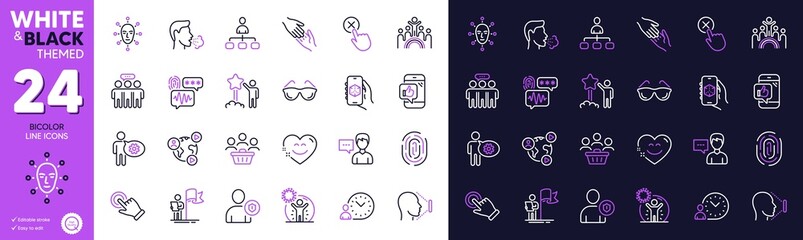 Time management, Leadership and Touchscreen gesture line icons for website, printing. Collection of Employees group, Biometric security, 3d app icons. Star, Fingerprint. Bicolor outline icon. Vector